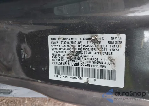 2016 Honda Odyssey Se z USA, uszkodzony, nr VIN 5FNRL5H35GB127249
